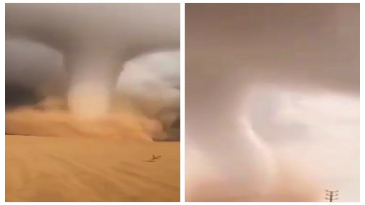 شاهد بالفيديو.. إعصار تورنيدو مرعب يضرب شمال السعودية
