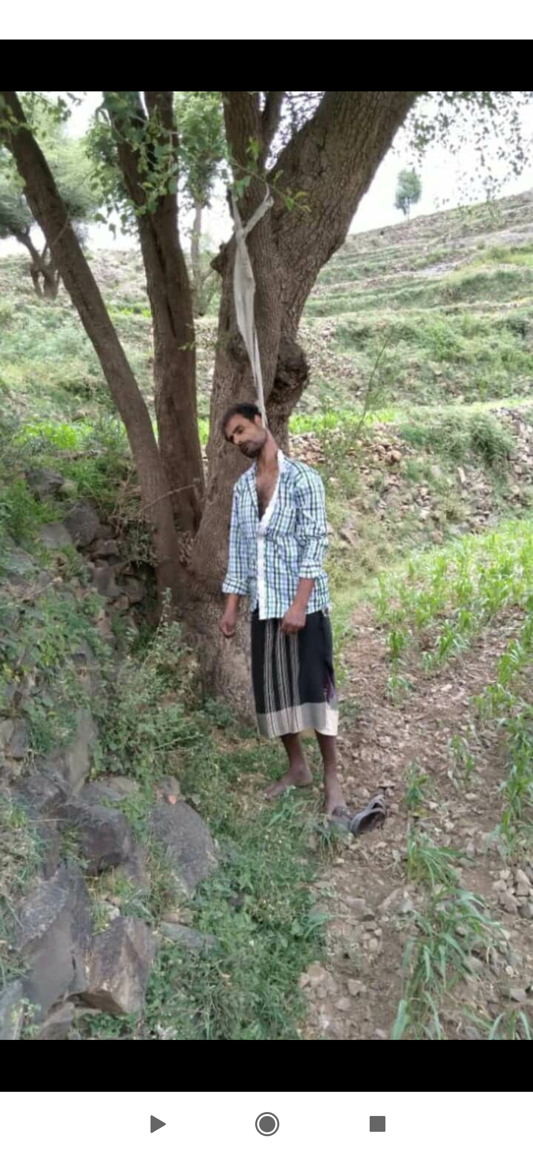 شاهد صورة المواطن اليمني الذي عُثر عليه مشنوقا على جذع شجرة ! 