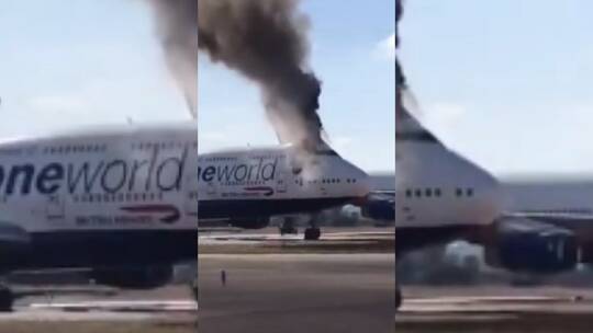 شاهد بالفيديو ..اندلاع حريق في طائرة تابعة للخطوط البريطانية