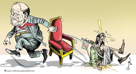 كاريكاتير: الرئيس هادي يسحب كرسي الرئاسة على الحوثي